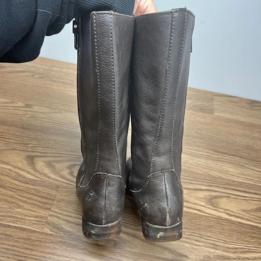 Born‎ Women Waters Brown Leather Zip Studded Moto Tall Boots Size 7 M Brown